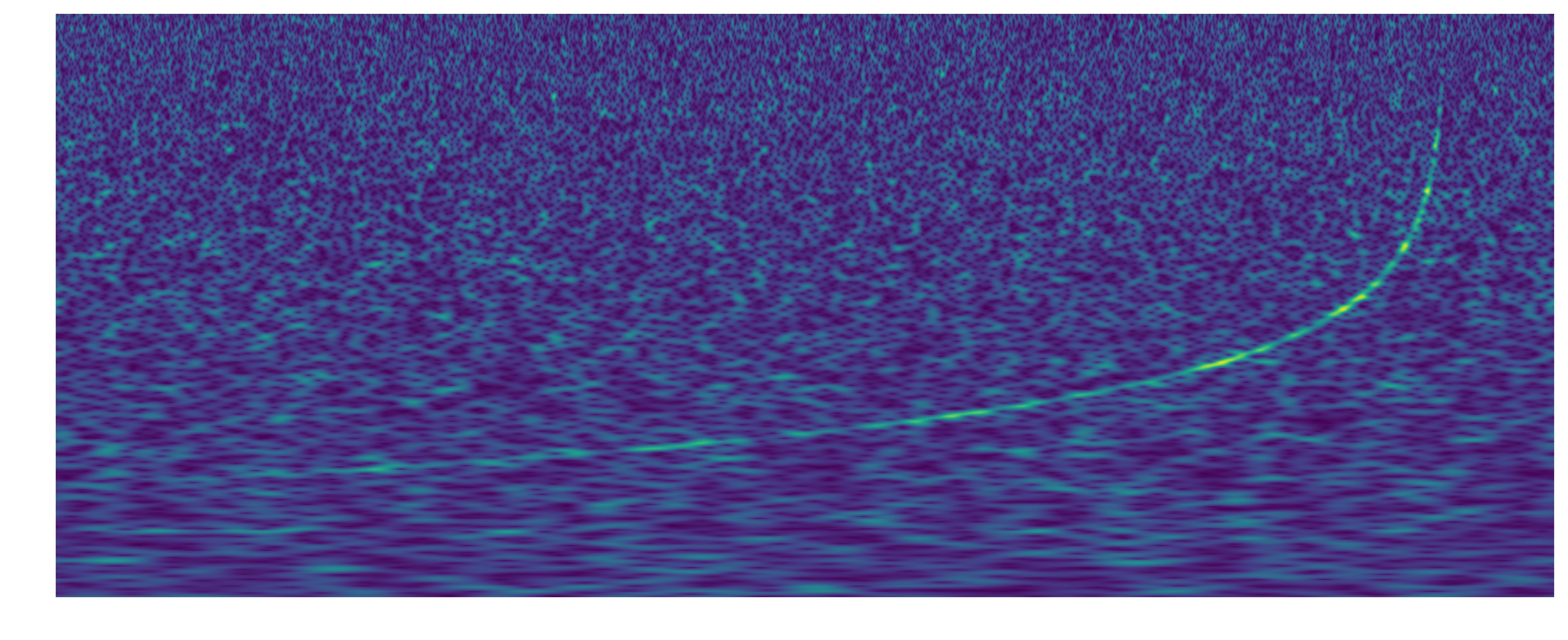 Spectrogramme du signal gravitationnel GW170817 : une trace lumineuse remonte vers les hautes fréquences à l'approche de la fusion.